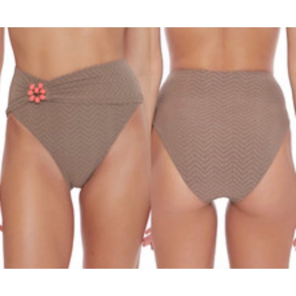 Trina Turk High Waisted Bikini Bottom Taupe Chevron Metallic Floral Detail 8